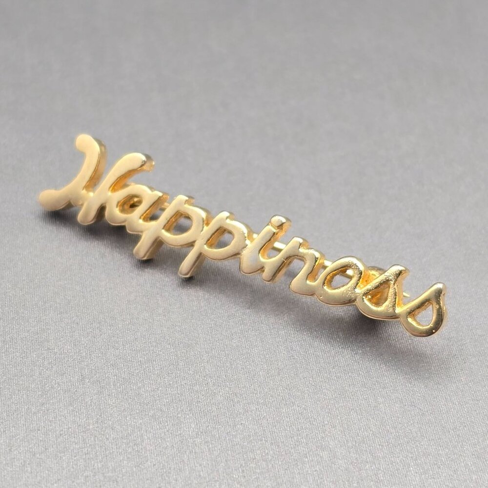 VTG 'Happiness' Gold-Plated Brooch Pin 1 3/8" Script Inspirational Personalized - Picture 2 of 6